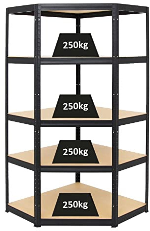 PROREGAL Étagère d'angle Charge Lourde Slim Elephant | HxLxP 180x90x45cm | 250kg par Niveau | Noir | Étagère d'angle pour Garage, Atelier, Cave, sous-Sol, Stockage, Rangement, Rayonnage