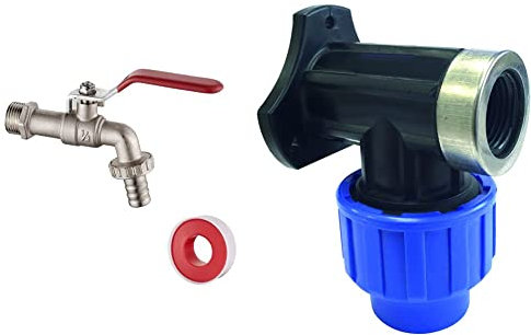 Ibergrif, Grifo Jardín, Griferia de Exterior, Latón + S&M 725869 Codo Grifo con Refuerzo Acero Inoxidable para tubería 20 mm-1/2”, Negro y Azul, 20 mm