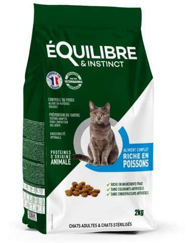 EQUILIBRE & INSTINCT - Chat Stérilisé - Croquettes Chat Poisson - Allégées en Matières Grasses - Recette Complète Formulée avec des Vétérinaires - 2kg - Fabriqué en France