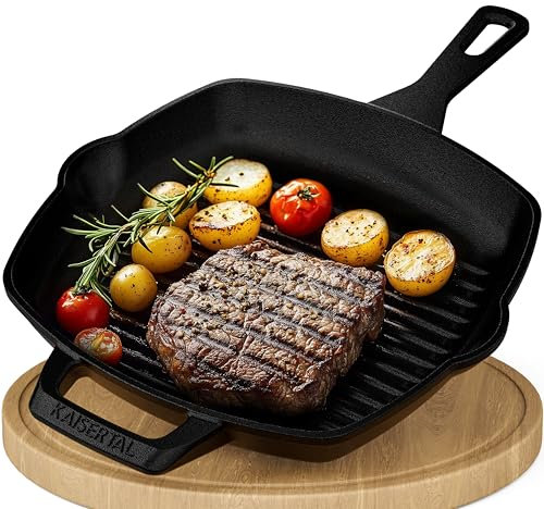 KAISERTAL - Poêle à griller en fonte - 27 cm - Poêle à steak et poêle en fonte à induction - Poêle en fonte pour barbecue à gaz et four - Poêle en fer pour l'extérieur et l'intérieur - Cast Iron Pan