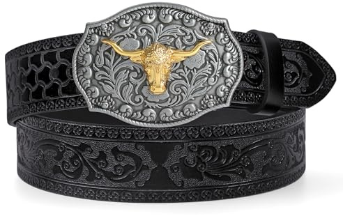 LEACOOLKEY Western Cowboy Leather Belt for Men Longhorn Bull Buckle Belt 1.5 Wide Floral Engraved Embossed Leather Belt，Black,Fit Size 39-44