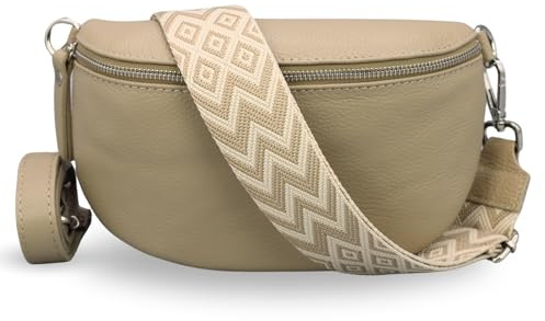 Adel Bags Bauchtasche Damen Echtleder Emma Silber Handgemachte Umhängetasche Crossbody Bag mit Optionalen Breiten Gemusterten Riemen Stylische Hüfttasche Made in Italy (Taupe-Silber 4, Medium)