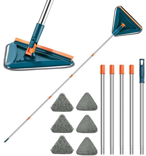 Trapeador de Pared Triangular de Mango Largo Trapeadores Triangulares giratorios Ajustables de 360 Grados,Suelos de Ventanas, Paredes, Azulejos de Madera Dura,con 6 Almohadillas Reutilizables