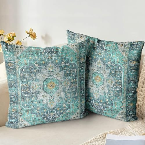 XPHZZL Cushion Covers 45cm x 45cm Set of 2 Soft Decorative Square Throw Pillow Case Boho Pillowcases for Sofa Bedroom Outdoor Home Office Car Decor with Invisible Zipper - Teal/Multi