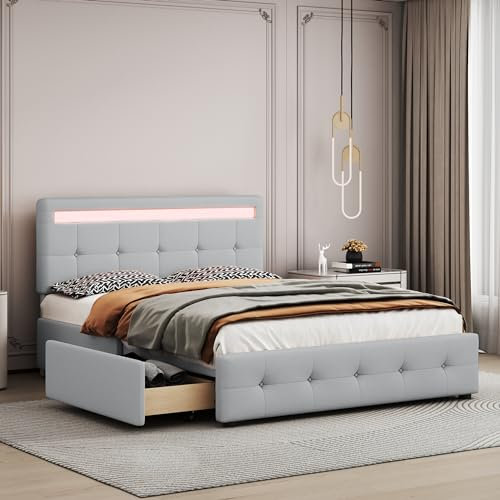LATICO Polsterbett Doppelbett 140x200 cm Bett mit Stauraum 4 Schubladen, LED-Kopfteil, Flachbett Stauraumbett Bettgestell Bett mit Lattenrost, Kinderbett Jugendbett, Ohne Matratze, Leinen (Grau)