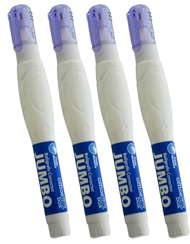 office box Corrector de Tinta Liquida en Bolígrafo JUMBO - 10 ml - Corrector Liquido de Secado Express, Punta Metálica Suave y Precisa – Invisible en Fotocopias- (Pack 4 Unidades)