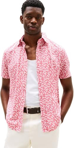 Tommy Hilfiger Camisa Hombre Linen Blend Print Manga Corta, Multicolor (Vintage Rosy/Allover), XL