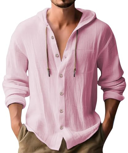 DENGJIAMY Sweat à capuche d'été pour homme uni plage vacances cordon de serrage T-shirt à manches longues décontracté solide boutonné chemise à capuche pour hommes vêtements, rose, 4XL