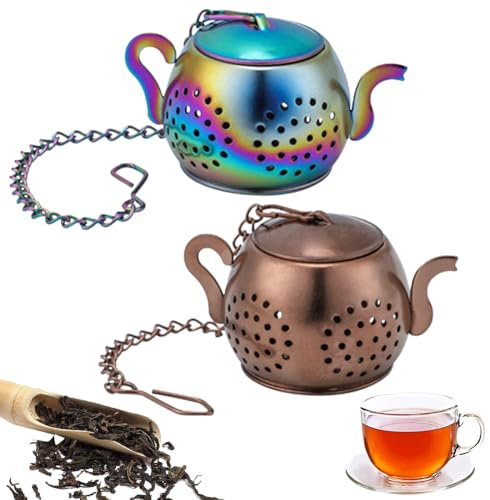 2 Pcs Mini Tea Strainer and Infuser,Reusable 304 Stainless Steel Loose Leaf Tea Infuser with Chain,Cute Teapot Shape Mesh Strainers & Filters for Teapots,Mugs (2 Colours)