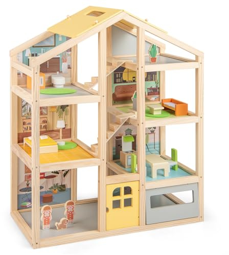 COSTWAY Puppenhaus Holz, Traumvilla mit Möbelstücken & Figuren, Kinder Dollhouse mit Garage & öffnbarer Tür, DIY-Traumhaus Puppenvilla für Mädchen & Jungen ab 2 Jahren
