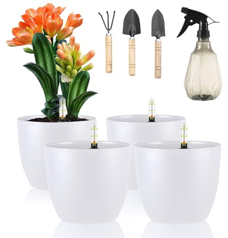 LangRay Set med 4 blomkrukor med vattenindikator i plast, 15,5 x 13 cm, självbevattning, vattentank med bevattningssystem för miniatyrväxter (vit)