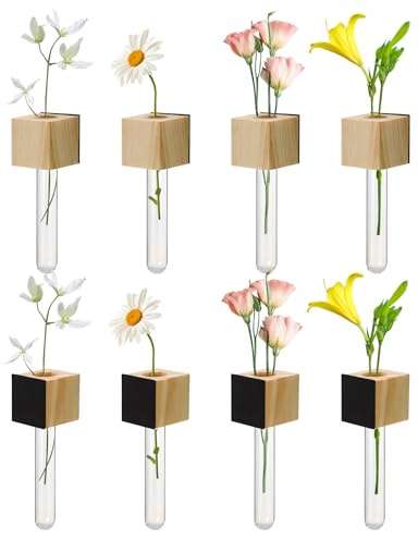 8Pcs Mini Vase Fridge Magnets, Wood Flower Arrangement Test Tube Refrigerator Magnet Stickers for Fridge Decoration，Hydroponics Plant Art Vase for Kitchen Locker Office Dec (Natural)