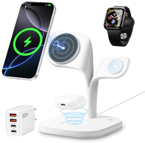 APXEL 5 en 1 Cargador InaláMbrico, Luz Nocturna Regulable Integrada, EstacióN de Carga por InduccióN Plegable Compatible con Iphone17/16/15/14/13/12, Apple Watch y Airpods (Blanco)
