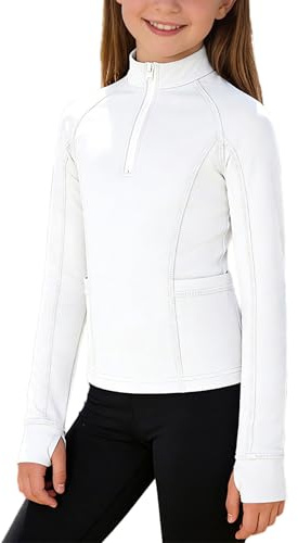 Miaeowve Kids Girls Horse Riding Zip-Up Shirt Stand Collar Long Sleeve Thumb Holes Top with Pockets White 11-12 Years