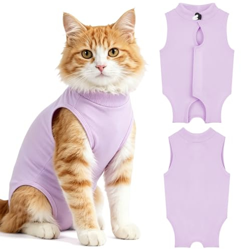 OFFCUP Combinaison de Récupération, 2 PCS Body Chat Post Operatoire, Gilet de Récupération de Chat Femelle Male, Protection Contre Le Léchage Convient Plaies Abdominales ou Maladies de Peau, Violet/M