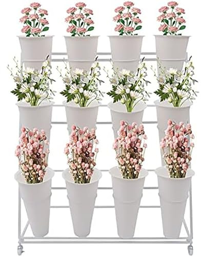 Generico Espositore for Fiori Ferro Battuto, Robusto Mobile, con Ripiani Bouquet Carrello Portafiori Esterno Dotato Secchi Plastica Ruote, for Casa Patio Giardino Matrimoni Feste(White,3pcs,3tires)