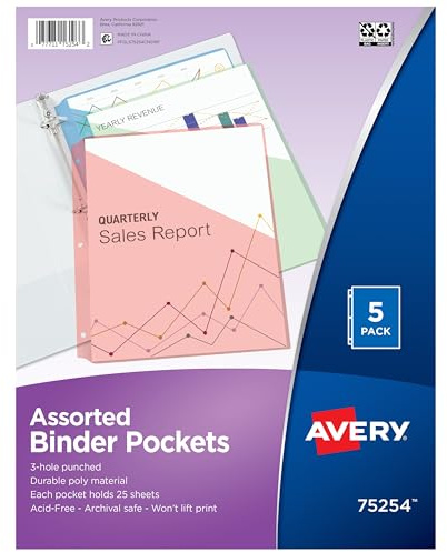 Avery® Binder Pockets for 3 Ring Binders, Assorted Colors, Fits 8.5 x 11 Documents, Acid-Free and Archival-Safe, 5 Folders Total (75254)