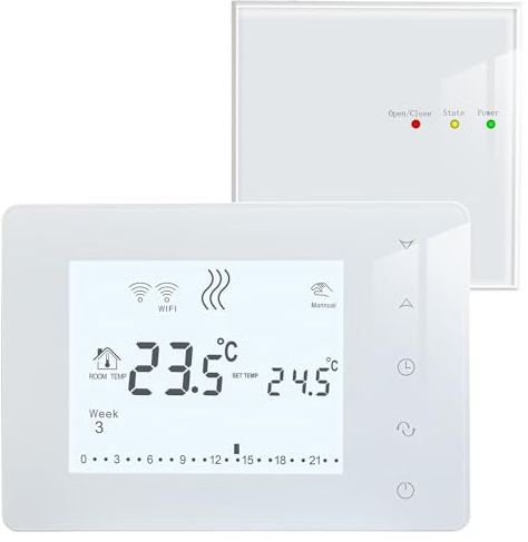 Beok Thermostat sans Fil avec Récepteur Thermostat Chaudiere gaz,Thermostat Programmable avec rétro-éclairage,Thermostats Mural Blanc Alimenté par Piles,Récepteur Alimenté par AC 230V