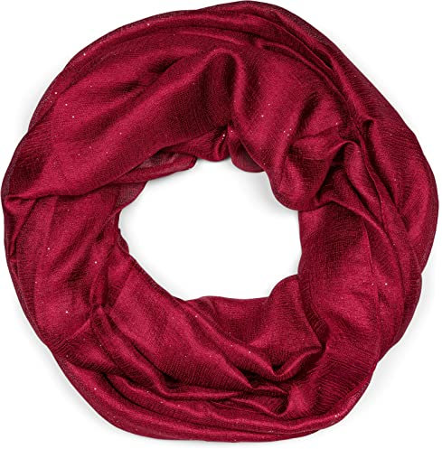 styleBREAKER Damen Loop Schal leicht und seidig mit Glitzer in Unifarben, Schlauchschal, Tuch 01016214, Farbe:Bordeaux-Rot