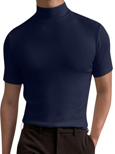 seiveini T-Shirt Homme Manches Courtes à Col Roulé sous Pull Coupe Slim Léger et Respirant sous-Vêtement Basique Tee Shirt Printemps Été A Marine L