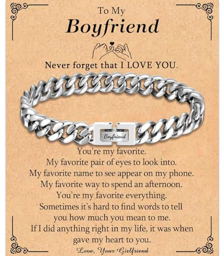 TEVOP Boyfriend Gifts, Boyfriend Engraved Bracelet I Love You Gifts for Boyfriend, Cuban Chain Bracelet Gift for Him, Presents for Birthday Christmas Valentines Day