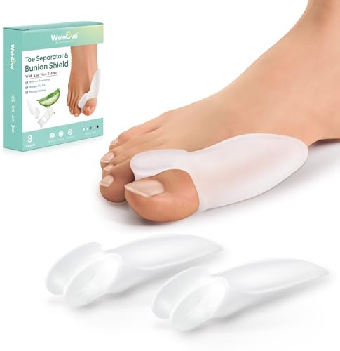 Welnove Corrector de Juanetes con Aloe Vera y Separador, 8 Count Silicona Separador dedos pie,Reducir la Fricción entre los dedos de los pies (Clear)