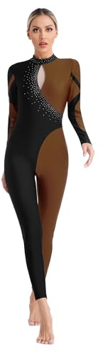 LiiYii Tuta da Ginnastica da Donna Body da Ginnastica a Manica Lunga Glitterata Tuta Intera da Pattinaggio Artistico Jumpsuit Sportiva Ballerina Aerea Yoga Body Marrone S