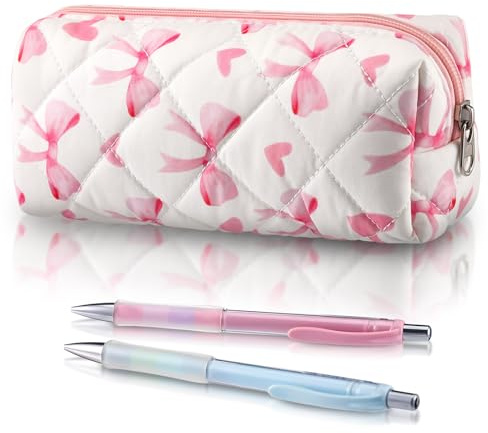 Sherr Coquette Bow Pencil Case Pink Bow Cute Pencil Pouch Soft Cotton Storage Bag Aesthetic Pattern Gift Makeup Pouch Cosmetic Travel Bag for Women