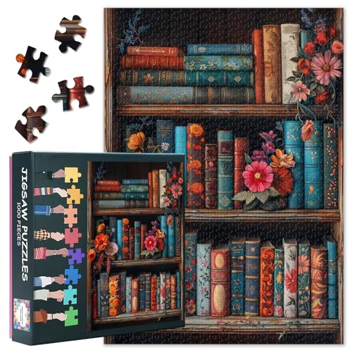 Puzzles Jigsaw 1000 pièces Vintage Livres - 1000 pièces Puzzle pour adultes Bibliothèque, puzzle difficilement stimulant Fleurs en floraison (70 x 50 cm), soirée jeux en famille & décoration