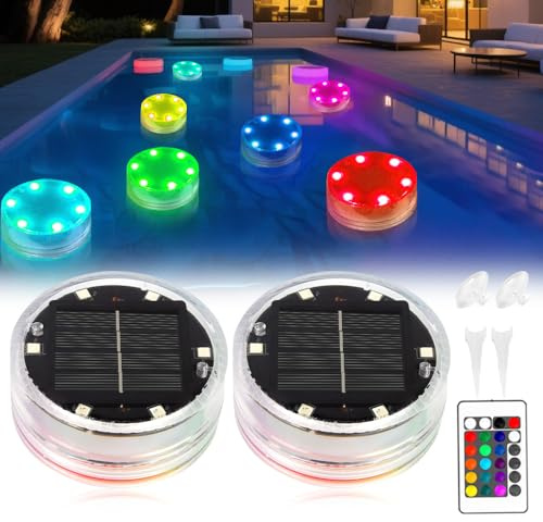 WDKXCN 2Pcs Iluminación LED Subacuática Solar, Luz Solar para Piscina con Cambio Color, IP68 Luces Subacuáticas para Piscina con Mando, RGB Iluminación LED Flotante para Estanque, Fuente