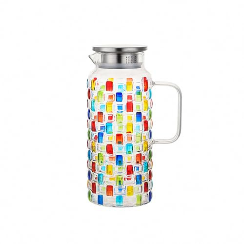 Brocca dipinta a mano in vetro di cristallo colorato con coperchio in acciaio inossidabile - Design colorato a tessitura, brocca per acqua calda/fredda, caraffa per succo e tè freddo (1500 ml).
