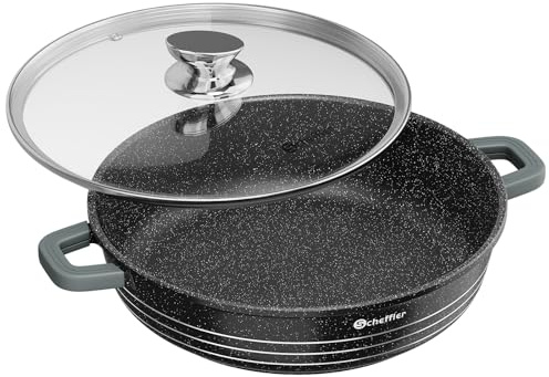 Scheffler Serveringspanna induktion, 32 x 8 cm stekpanna med glaslock | Gjuten aluminiumpanna med marmor non-stick beläggning, silikonhandtag