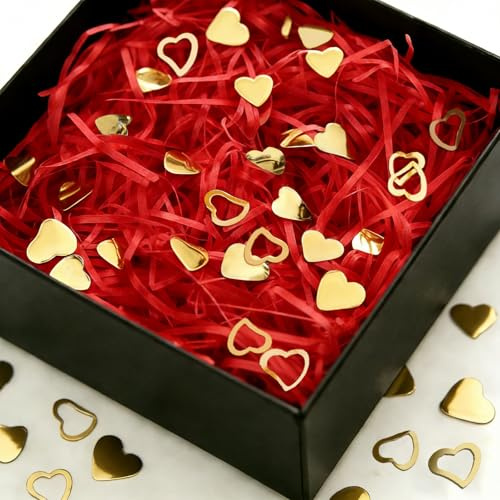 LIANRISES 100g Papier Déchiqueté Rouge, Remplissage Boite Cadeau Papier Déchiqueté, Paille Panier Garni, Pour Noël, Cadeaux D'Anniversaire, Saint-Valentin, Mariage, et 10g Confettis Cœur