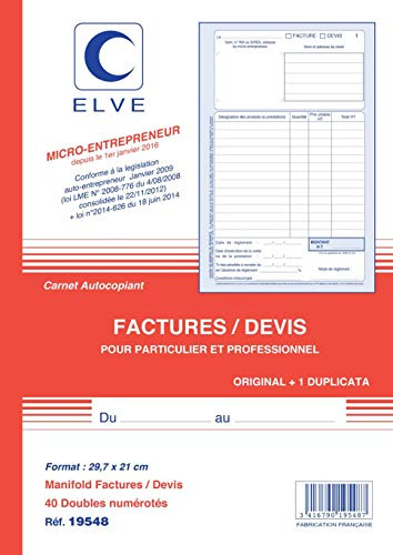ELVE CARNET FACTURES/DEVIS AUTO ENTREPRENEURS 297X210 40/2 - Pack de 1