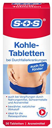 SOS Kohle-Tabletten, Kohletabletten bei Durchfallerkrankungen, Vergiftungen durch Nahrungsmittel, Schwermetalle oder Arzneimittel, Durchfall Tabletten ideal für die Reiseapotheke, 1 x 30 Tabletten