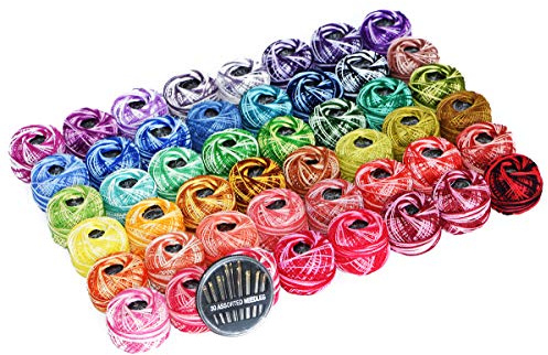 48 Pearl Cotton Yarn Variegated Colors Crochet Thread Set Ball 5g per Balls Rainbow of Size 8 Color Variations Crochet &Knitting Yarn and Free 30 Golden Needles 48Balls,