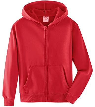 Spring&Gege Niños Niñas Color Sólid Sudadera con Capucha Hoodie Chaqueta con Cremallera de Chándal en Algodón, Rojo, 9-10 Años