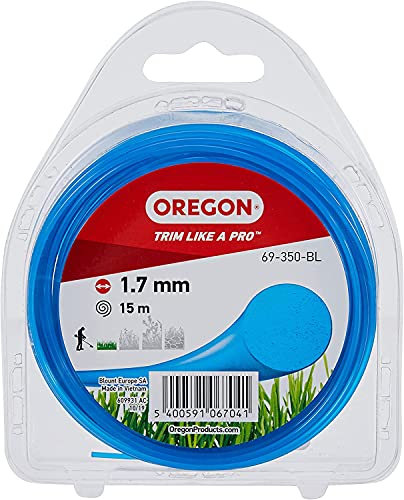 Oregon Runder Mähfaden 1,7 mm, Blau, Für Gras, Unkraut, Rasen und Blumenbeete, Gartenarbeit und Rasenpflege, Nylonfaden, Für die meisten Rasentrimmer, 1,7 mm x 15 m (69-350-BL)