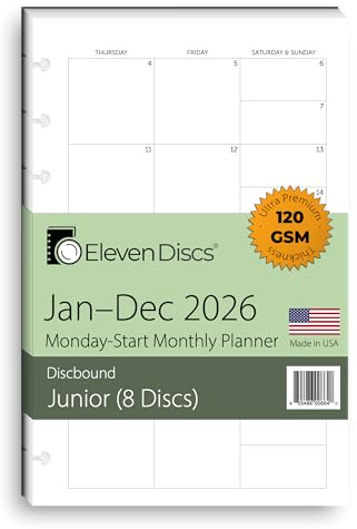 2026 Monthly Planner, Monday Start, Junior Size, 2 Styles (Separated, Booklet), Premium Discbound Notebook Paper for Circa, Arc, TUL (40 Sheets)