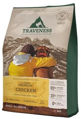 TRAVENESS NATURAL NUTRITION FOR DAILY ADVENTURES - Pienso para Perros Sin Cereales | 65% Pollo Fresco | con DHA, Omega 3 y 6 | Hipoalergénico | Sin Colorantes Ni Conservantes, (3 Kg.)