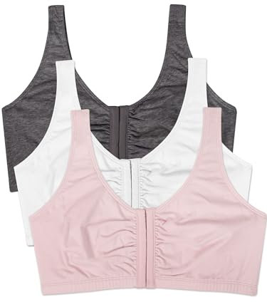 Fruit of the Loom Womens Front Close Builtup Sports Bra, Blushing Rose/Charcoal/White 3-Pack, 38