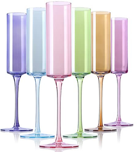 Physkoa Colored Champagne Flutes Set 6 - Glass Champagne Glasses with Multi Color,LeadFree Crystal Colorful Champagne Glasses for Birthday,Wedding,Bridal Shower