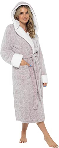 KATE MORGAN Ladies Soft & Cosy Long Pile Hooded Dressing Gown (Medium, Rose/sherpa)