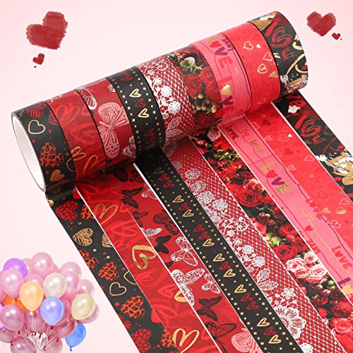 9 Rollos Washi Tape de San Valentín,Juego de Cinta Washi,Corazón Rosa Adhesiva Oro Decorativas Cintas para San Valentín Invierno Manualidades Bricolaje Álbumes de Recortes Planificadores DIY Regalos