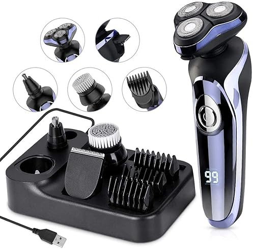 Rasierer Herren elektrisch Elektrorasierer Shaver, 5in1 Rotationsrasierer Nasenhaarschneider IPX7 Elektrischer Nass- und Trockenrasierer Haarschneider Bartschneider Bart Trimmer Set + USB Ladestation