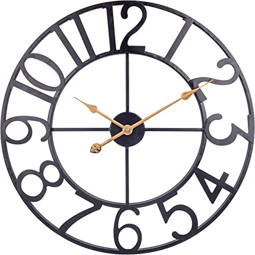 Wanduhr Große 60cm, Europäische Industrie Vintage Dekor Wanduhren, Leise Ohne Tickgeräusche Metall Uhr, Retro Wanduhr für Wohnzimmer, Küche, Schlafzimmer, Büro - Schwarz