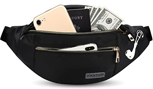 MAXTOP Large Bumbag Waist Fanny Pack Running Belt for Men Women Unisex Bum Bag with Headphone Jack and 4-Zipper Pockets Adjustable Belt for Travel Running Jogging Workout Hiking Gifts All Black