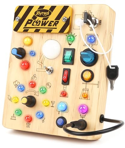 Joyreal Busy Board Montessori 1 2 3 Año, Tablero Montessori Juguetes Niños Niña, Juegos Educativos de Madera con 19 LED, Regalos Juguetes Sensoriales Bebe