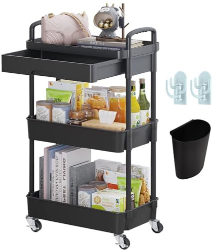 Wuciray Beauty Trolley on Wheels 3 Tier Storage Trolley with Drawer Plastic Beauty Trolleys Rolling Utility Cart for Home Kitchen Bathroom Laundry Office Black Storage Trolleys on Wheels Utility Cart