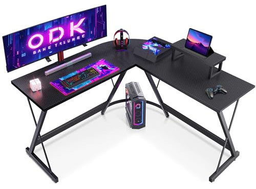 ODK Gaming Tisch, 127 x 127 cm Gaming Schreibtisch Eckschreibtisch für Gamer, Schreibtisch L Form mit Monitorständer für Büro, Carbon Schwarz